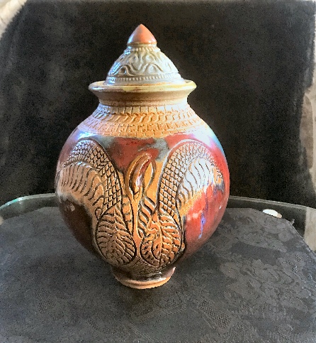 wheel thrown covered jar hand carved created by local artist John Kondra Dracut Ma.