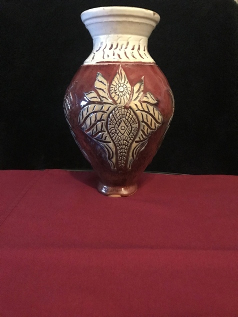 carved wheel thrown vase created byJohn Kondra at Pottery by Jamd