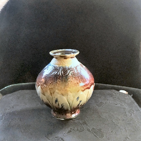 wood fired, wheel thrown pot carved and created by  local artist John Kondra, Dracut Ma.